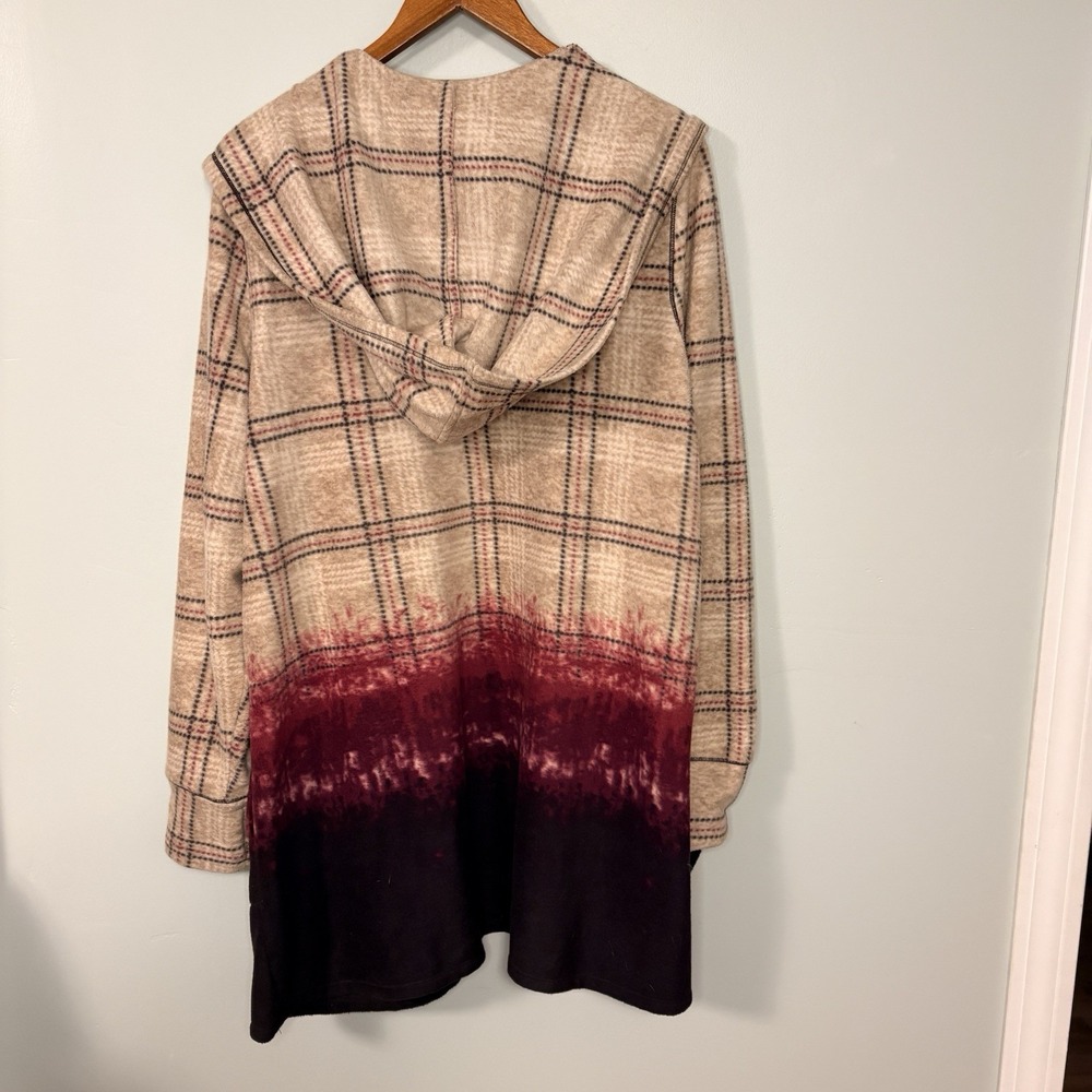 Cuddl Duds Ombre Fleece Hooded Wrap Cardigan Sweater Sz 1X Tan Pink Plaid - Picture 3 of 5